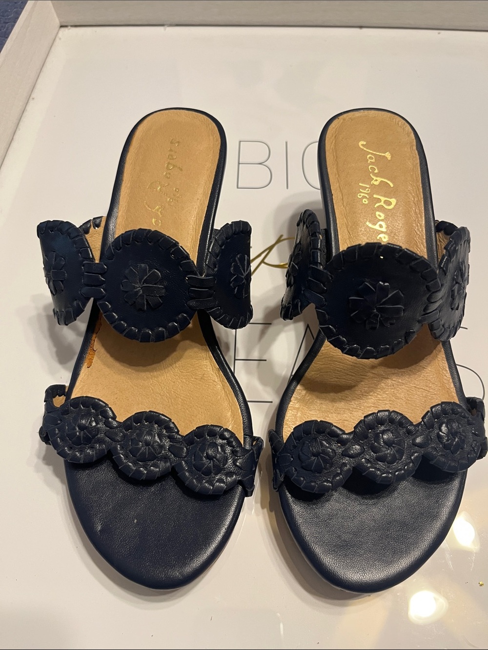 Jack Rogers Navy Leather Scalloped Rondelle Slide Mules